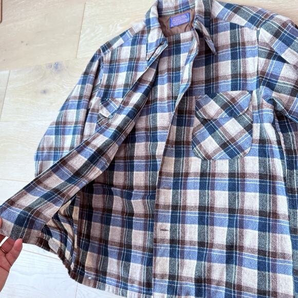 Vintage Pendleton Board Shirt Men Lg Blue Brown Wool Loop Collar Flannel 60s - Picture 2 of 14